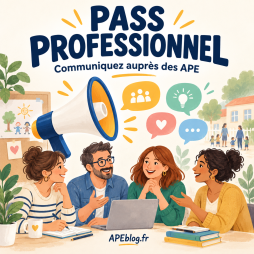 Pass professionnel – Communiquez auprès des APE Pass professionnel APEblog.fr : communiquez auprès des APE, illustration de bénévoles échangeant autour d’un ordinateur avec un mégaphone.